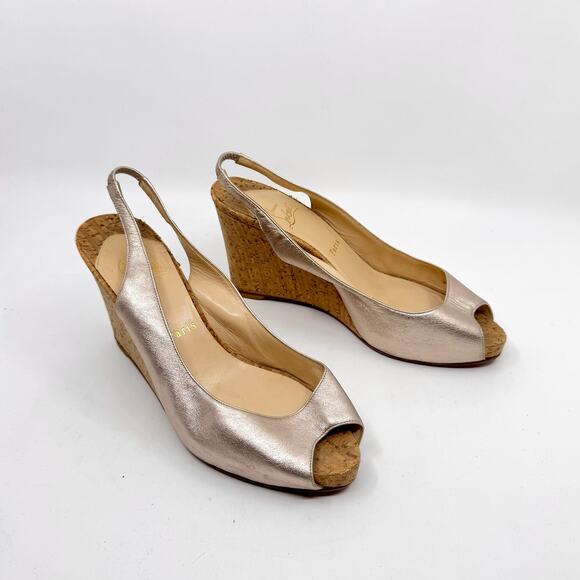 CHRISTIAN LOUBOUTIN Red Bottoms Rose Gold Slingback Cork Wedges w/ Vibram Sole - Picture 1 of 9